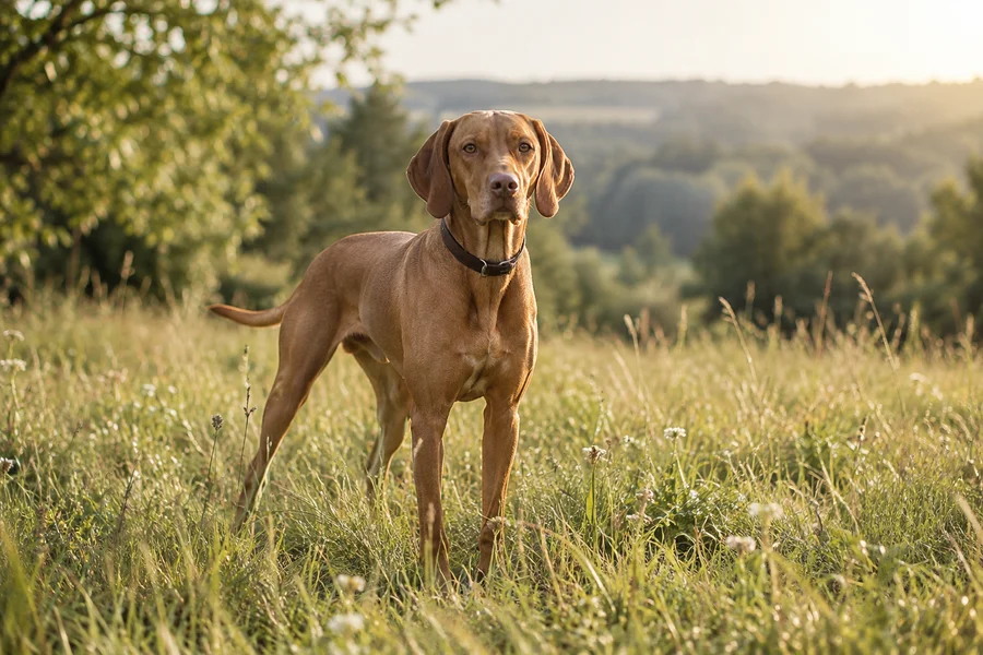 Aufmerksamer brauner Hund auf einer Wiese