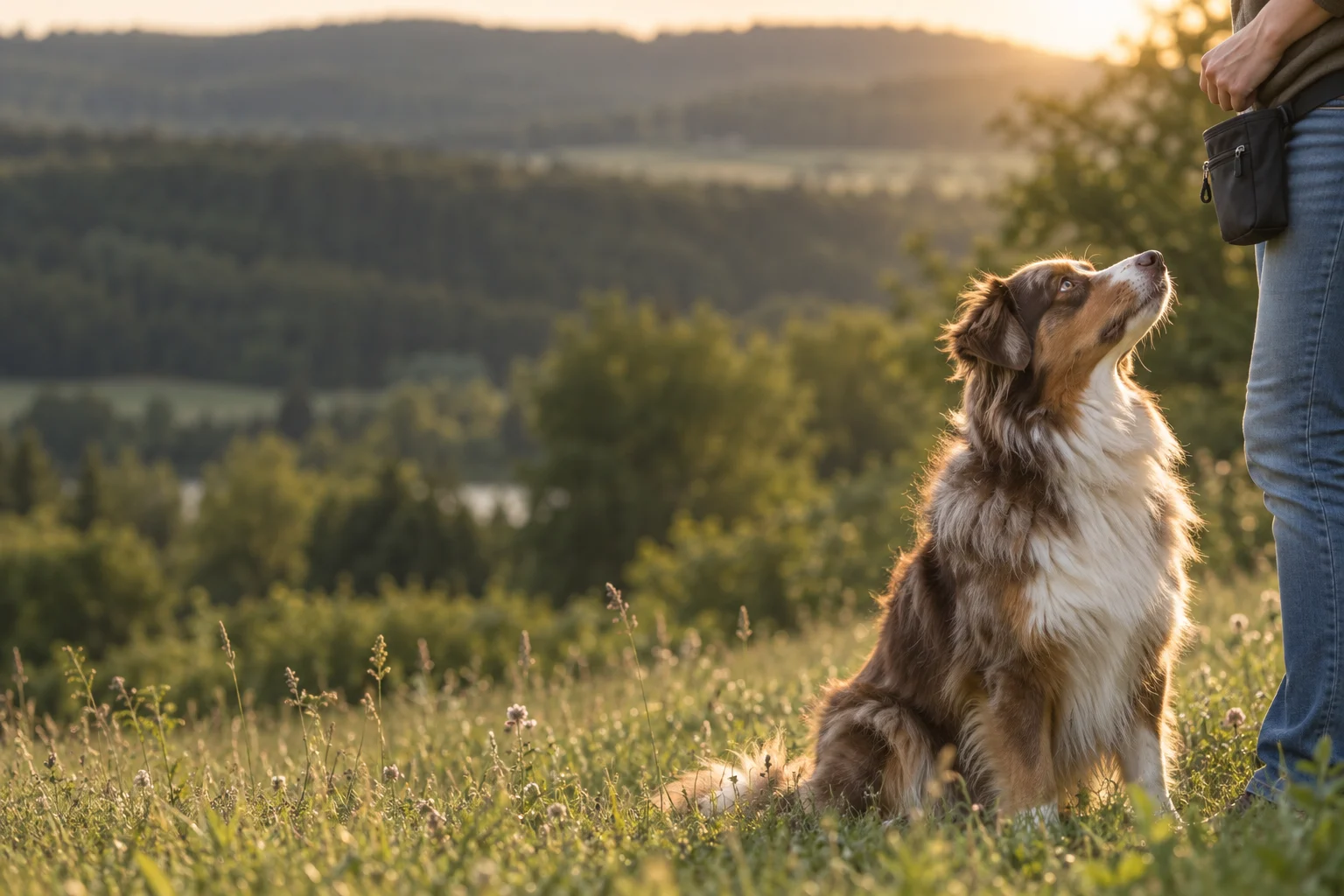 Australian Shepherd schaut im Abendlicht aufmerksam zu seinem Menschen auf