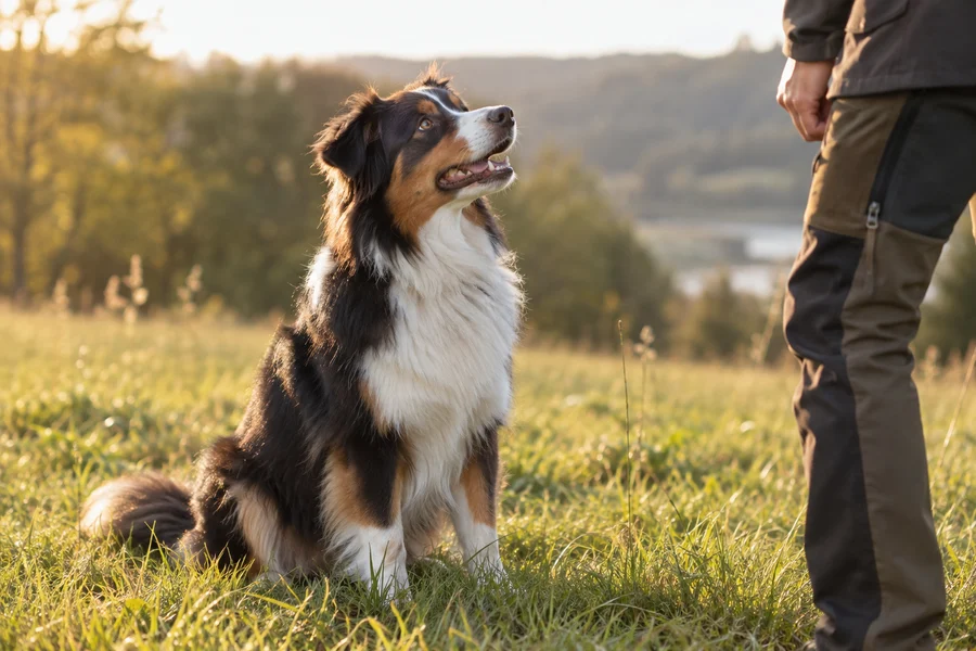 Australian Shepherd sitzt aufmerksam neben einem Menschen