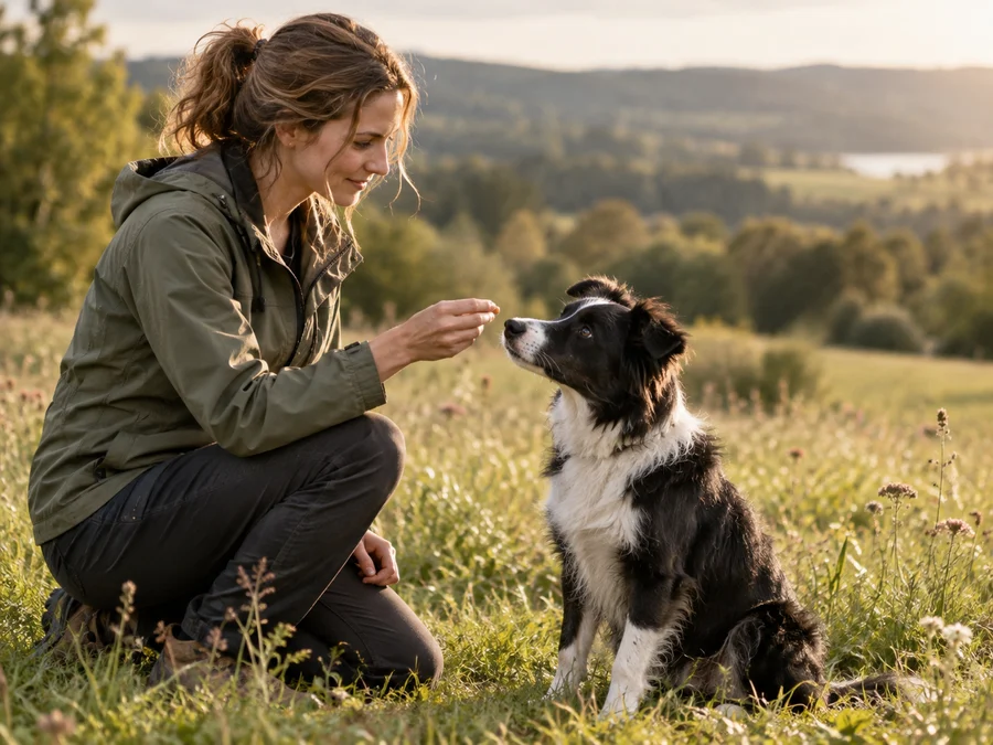 Trainerin übt mit einem Border Collie auf einer Wiese