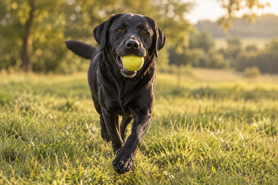 Schwarzer Labrador mit einem gelben Ball