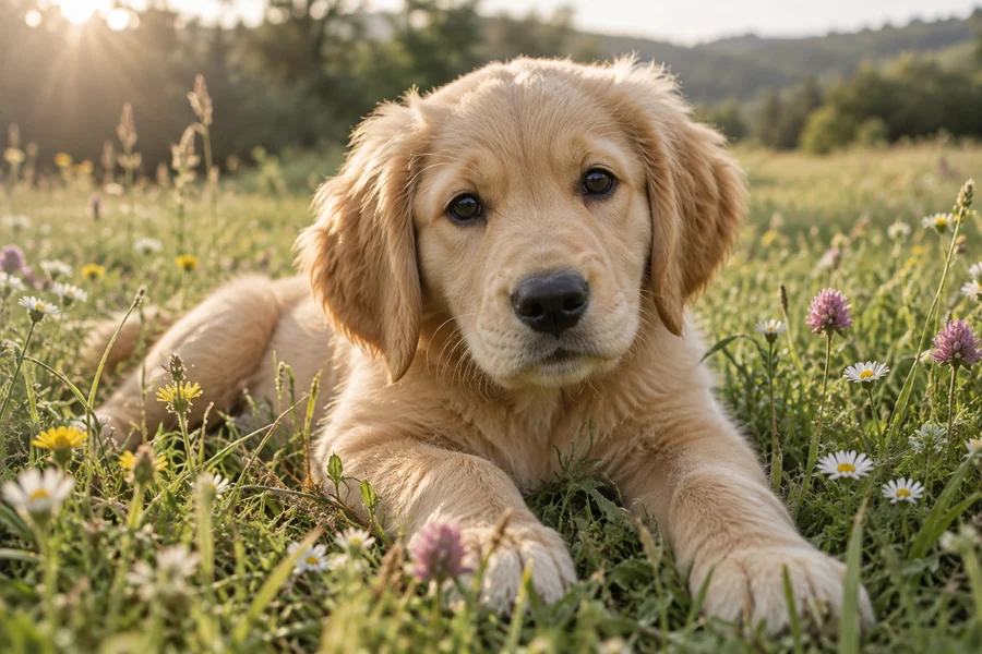 Golden-Retriever-Welpe in einer Blumenwiese