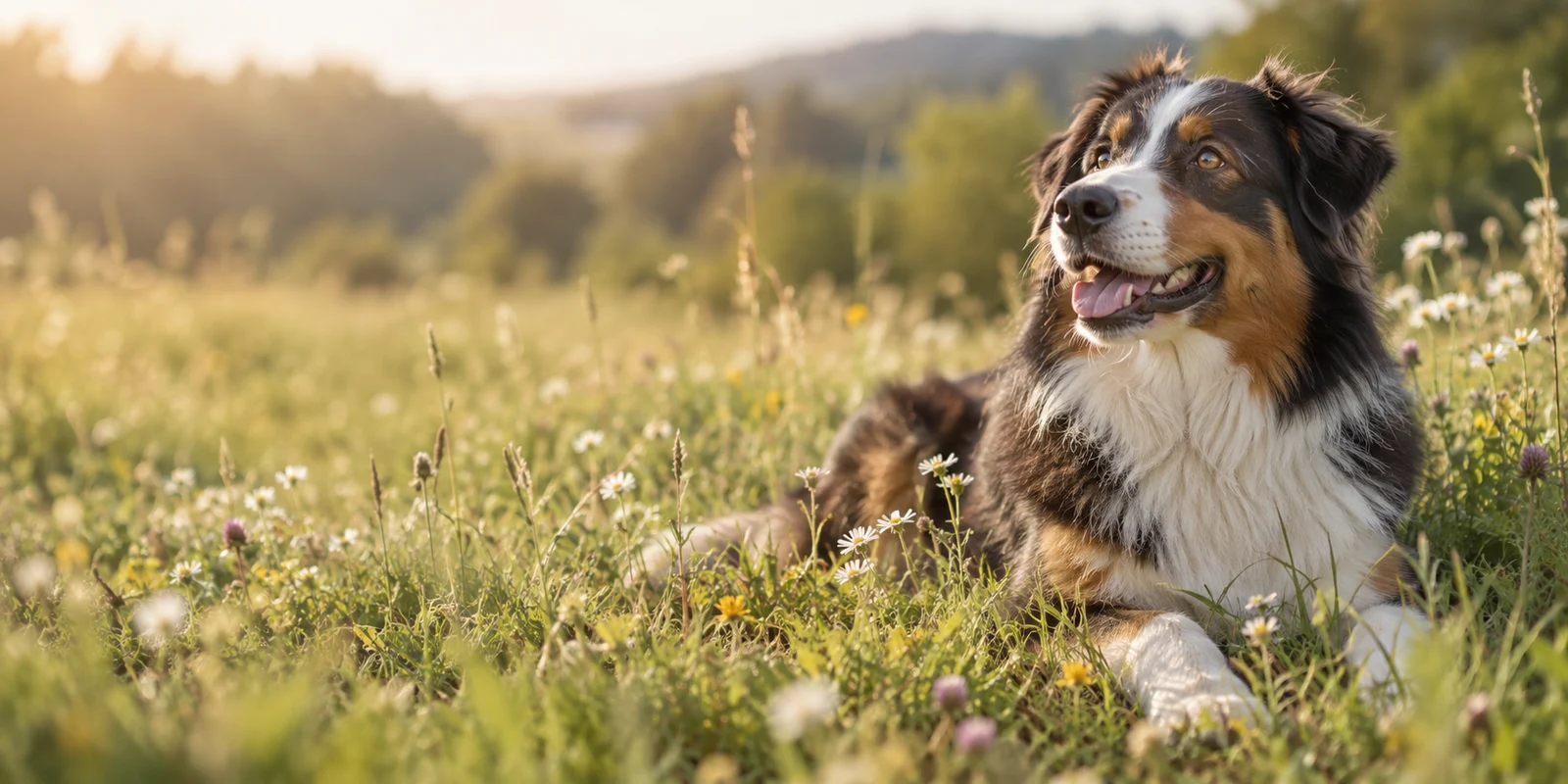 Entspannter Australian Shepherd in einer sonnigen Blumenwiese