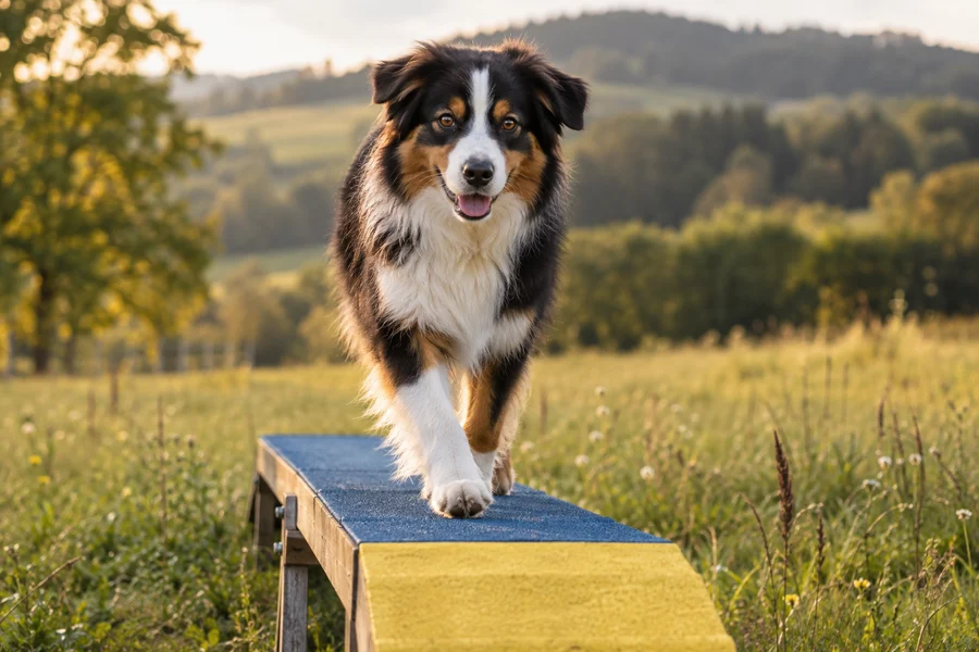 Junger Australian Shepherd auf einer Trainingsrampe